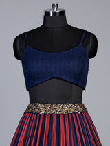 Rust blue striped jacket lehenga choli for women