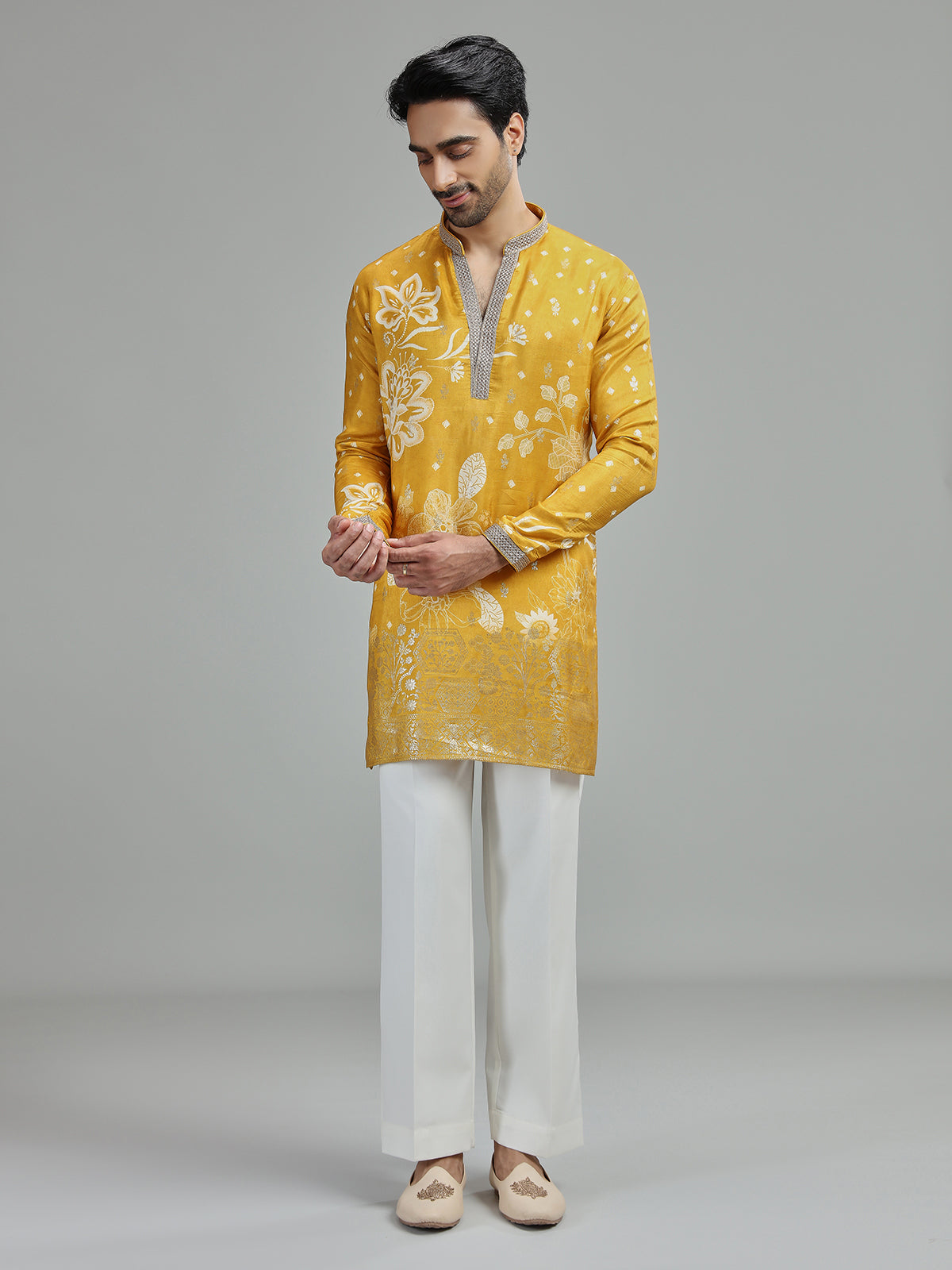 Yellow mens botanical zari kurta suit