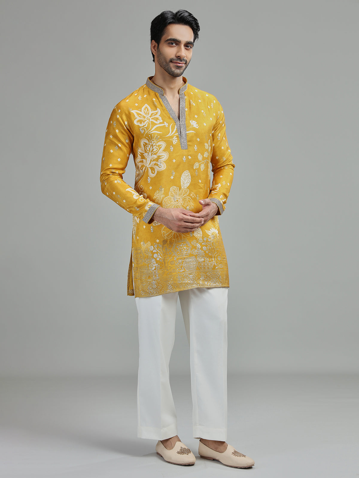 Yellow mens botanical zari kurta suit