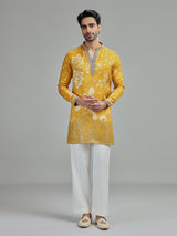 Yellow mens botanical zari kurta suit
