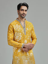 Yellow mens botanical zari kurta suit