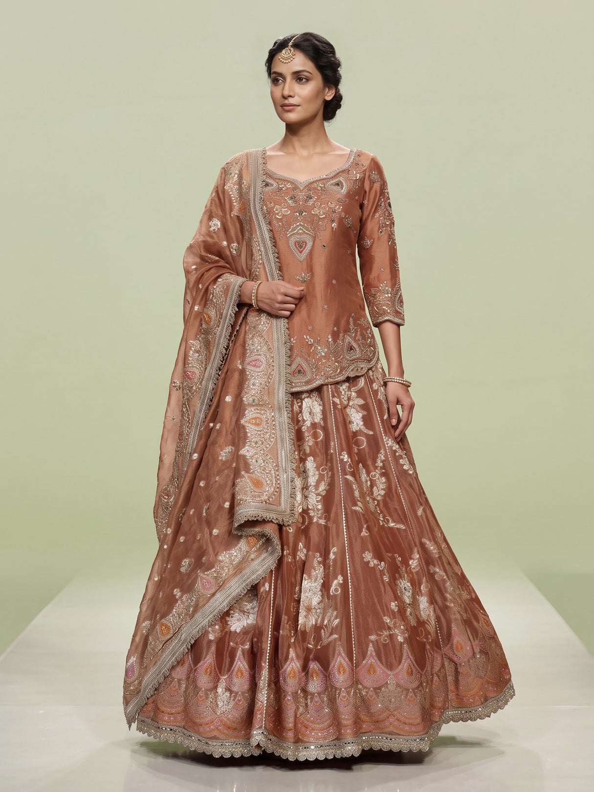 Rust peach jharokha zardozi lehenga choli for women