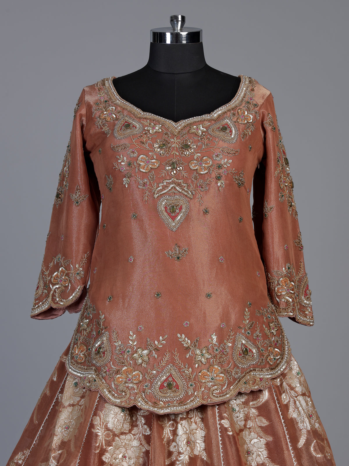 Rust peach jharokha zardozi lehenga choli for women