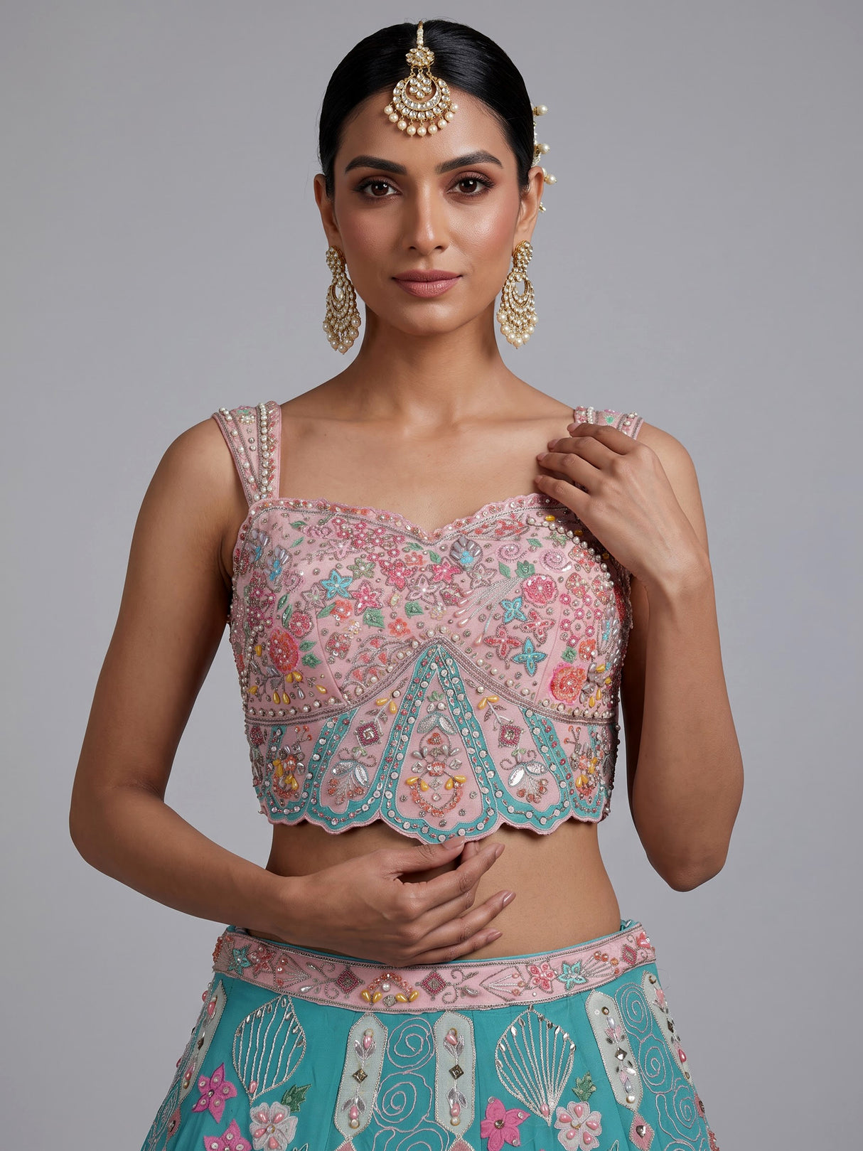 Turquoise blue floral lehenga choli for women