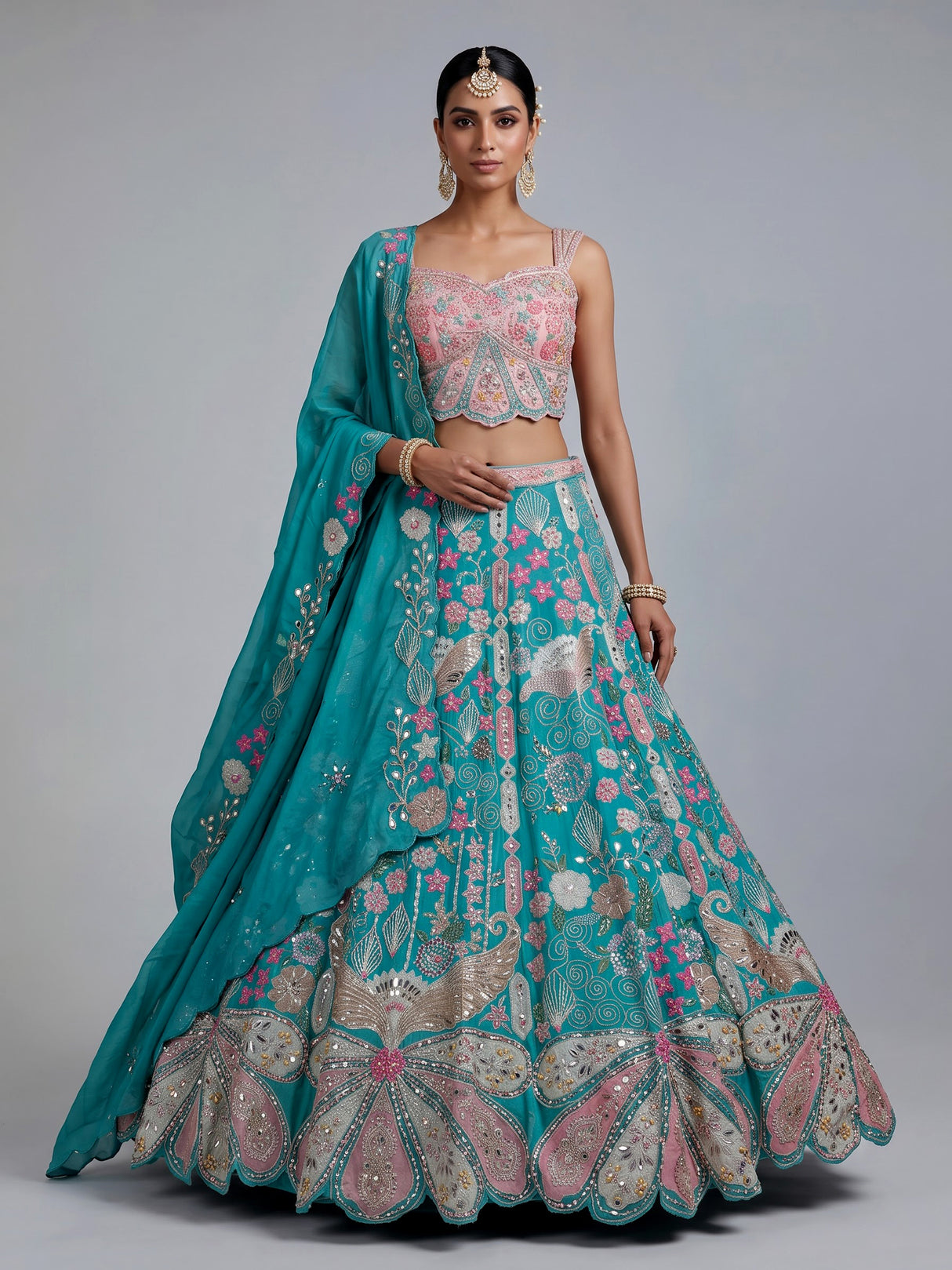 Turquoise blue floral lehenga choli for women