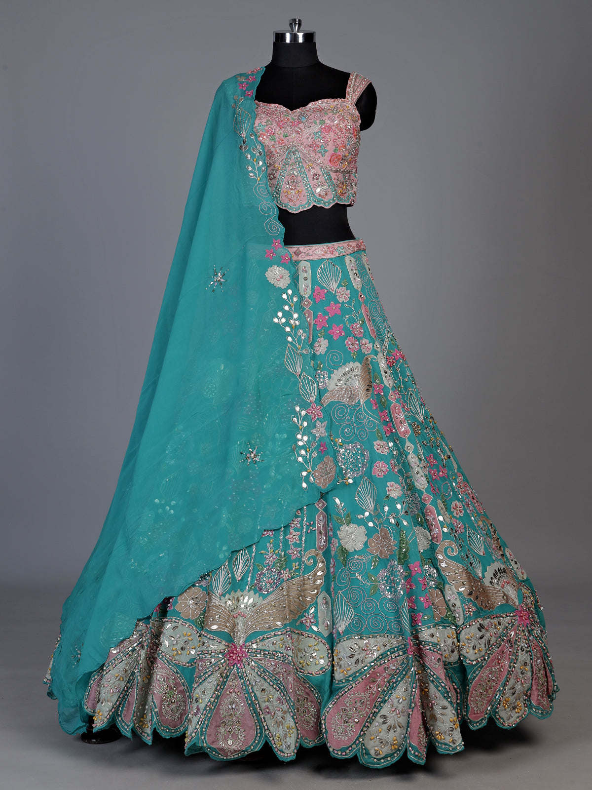 Turquoise blue floral lehenga choli for women