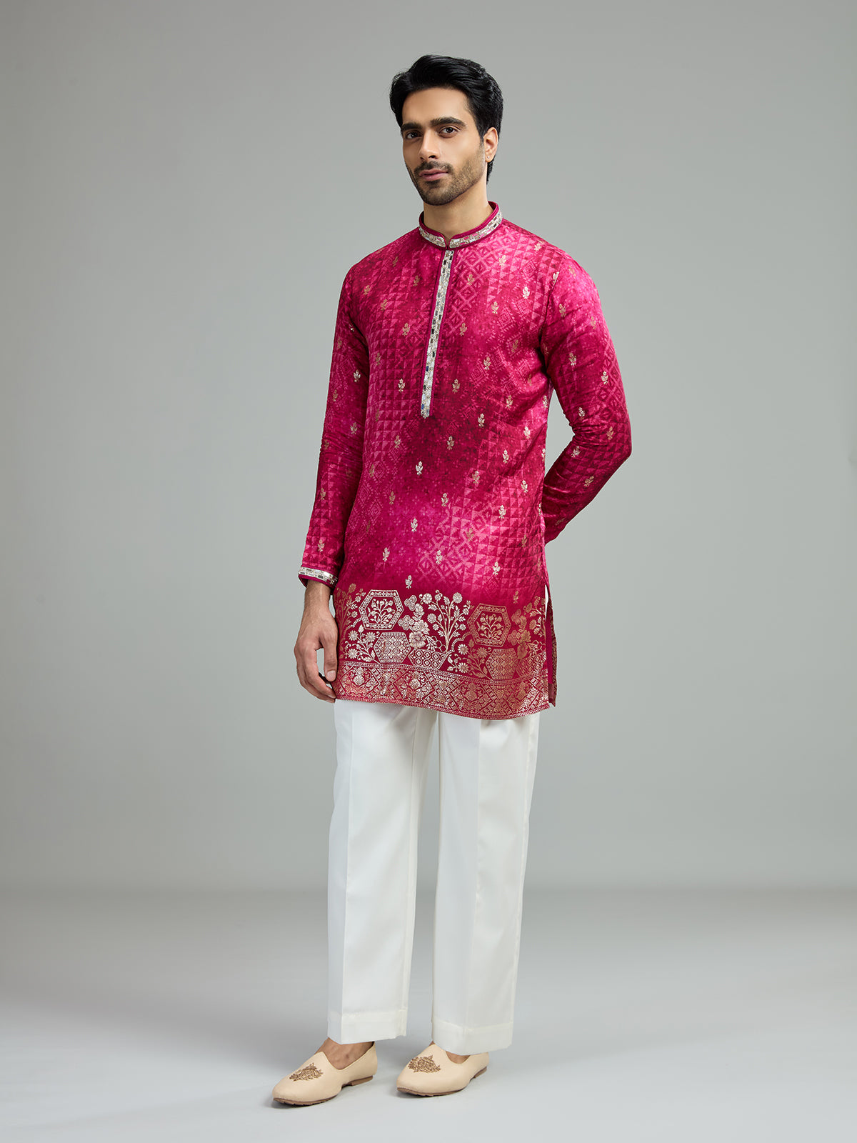 Pink mens heritage print kurta suit