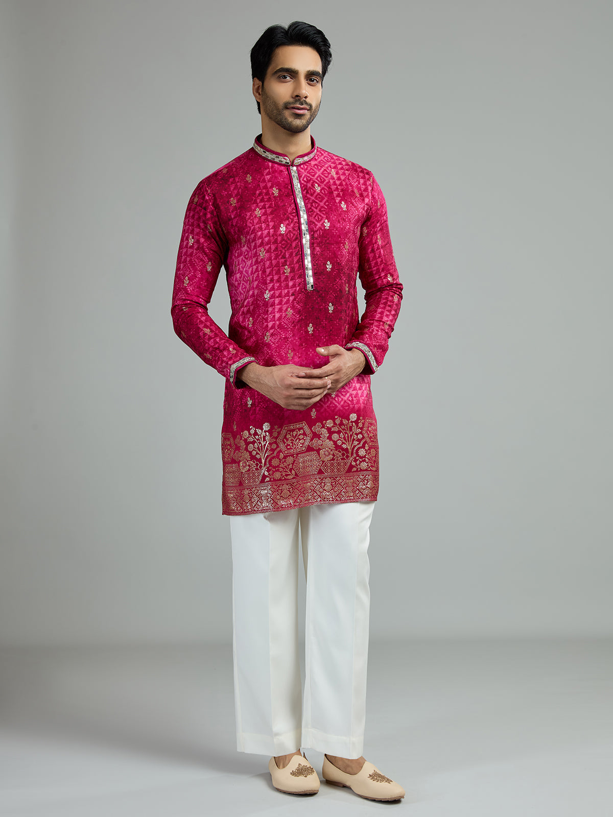 Pink mens heritage print kurta suit