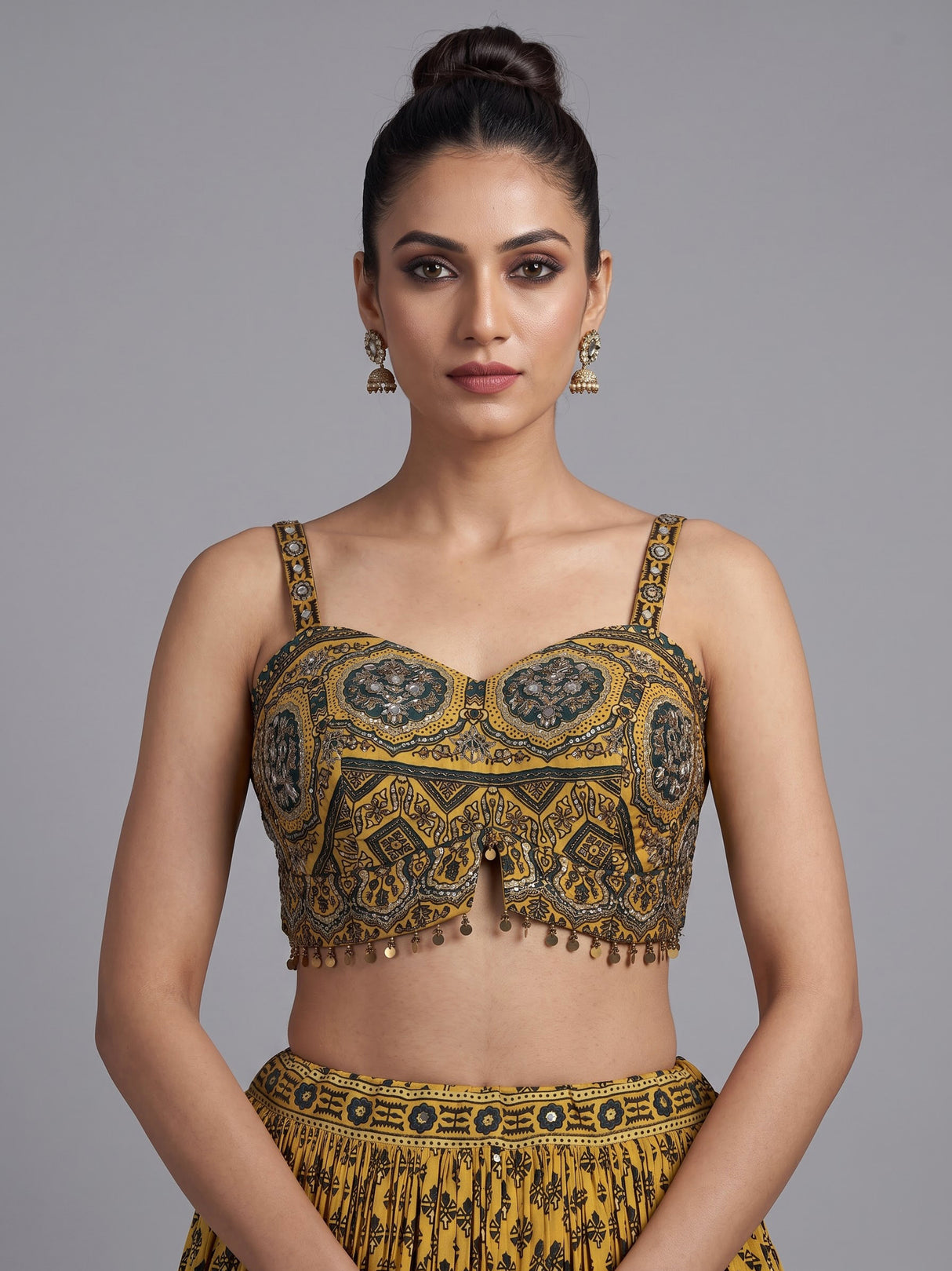 Mustard gold printed sequin lehenga choli for women