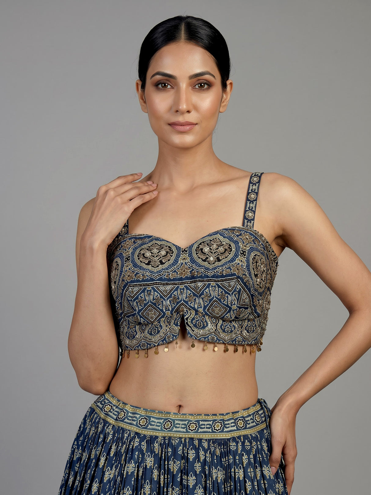 Blue ethnic print corset lehenga choli for women