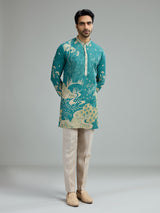 Turquoise blue mens vintage floral kurta suit