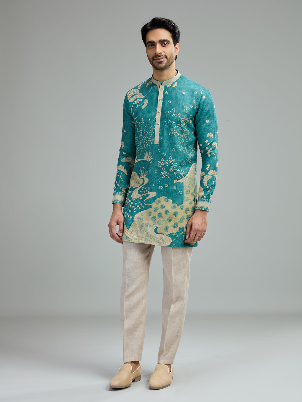 Turquoise blue mens vintage floral kurta suit