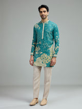 Turquoise blue mens vintage floral kurta suit