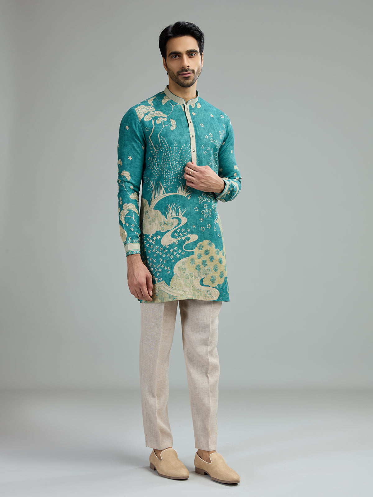 Turquoise blue mens vintage floral kurta suit