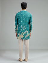 Turquoise blue mens vintage floral kurta suit