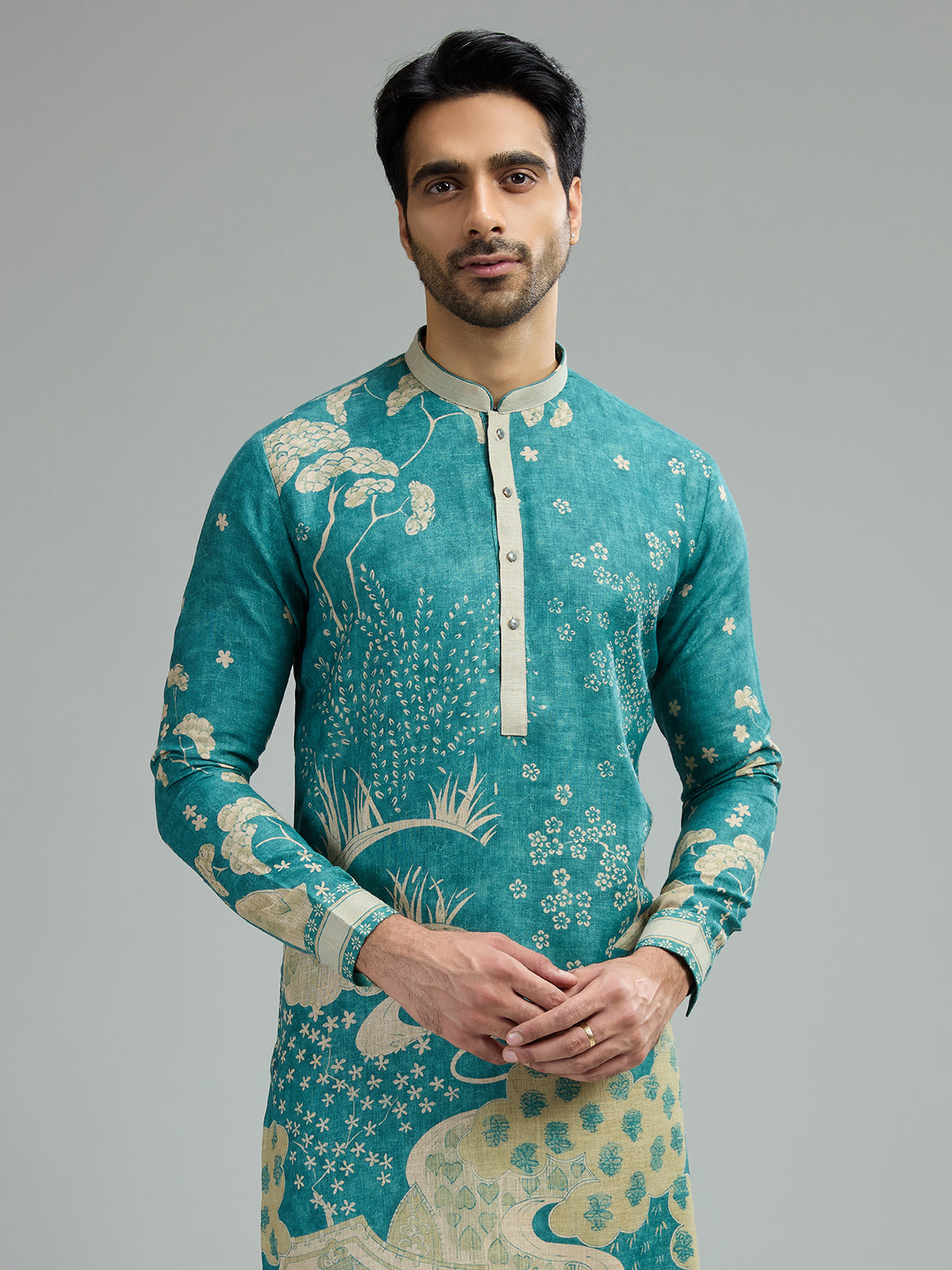 Turquoise blue mens vintage floral kurta suit