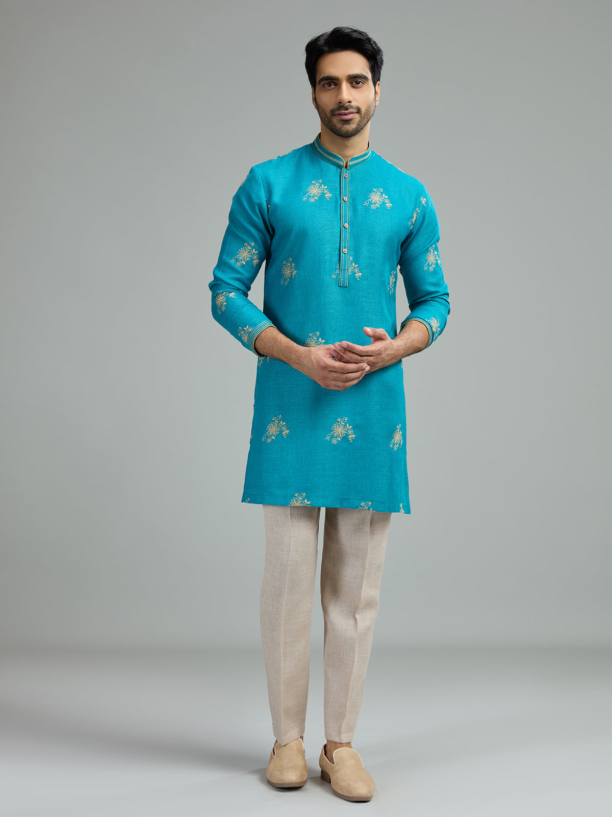 Aqua blue mens floral starburst kurta suit