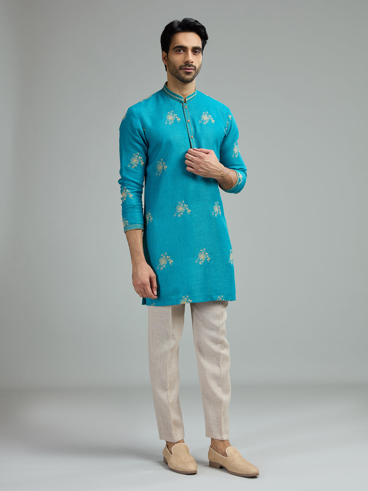 Aqua blue mens floral starburst kurta suit