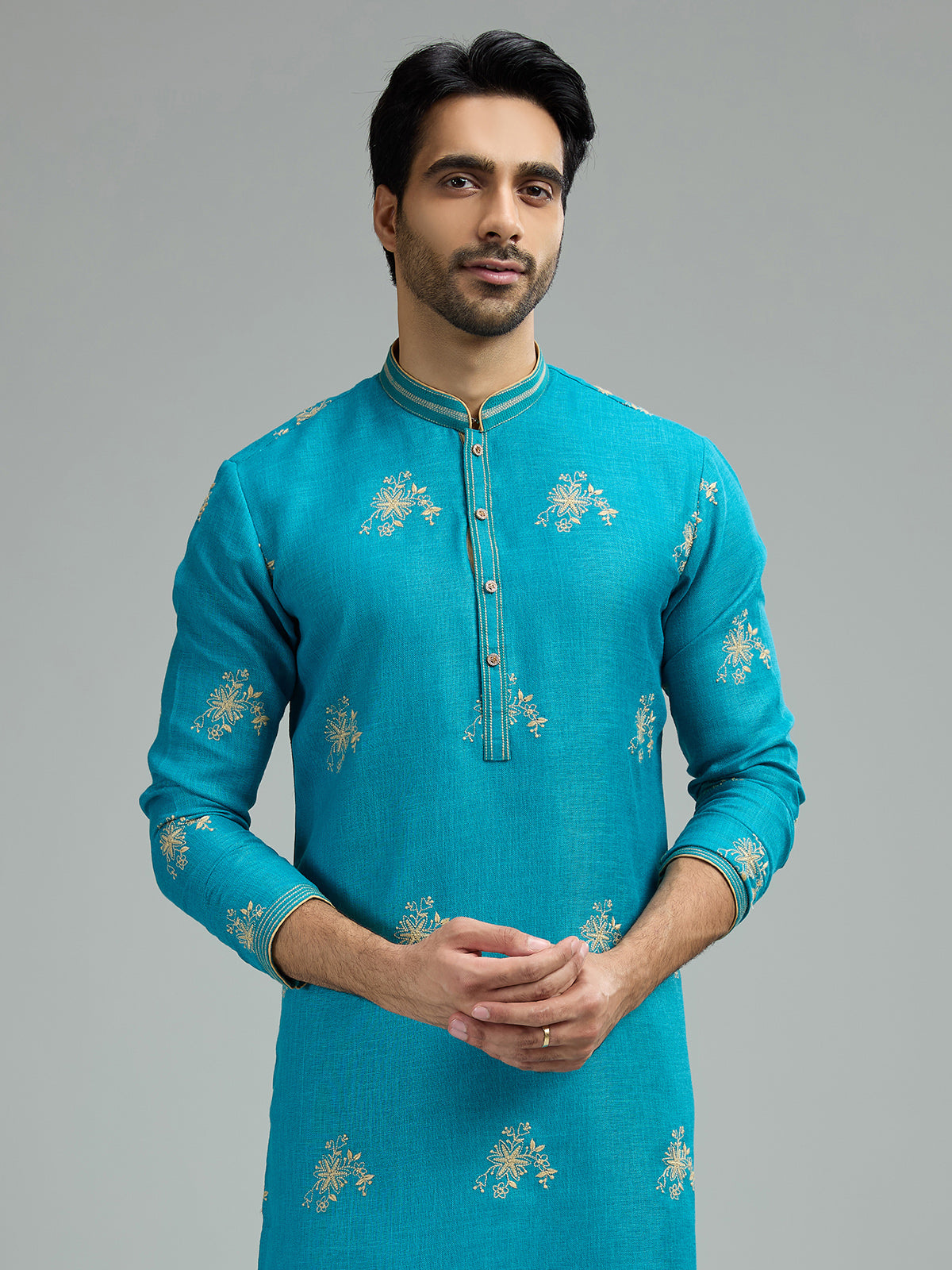 Aqua blue mens floral starburst kurta suit