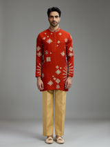 Crimson red mens geometric aabla kurta suit
