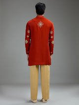 Crimson red mens geometric aabla kurta suit
