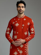 Crimson red mens geometric aabla kurta suit