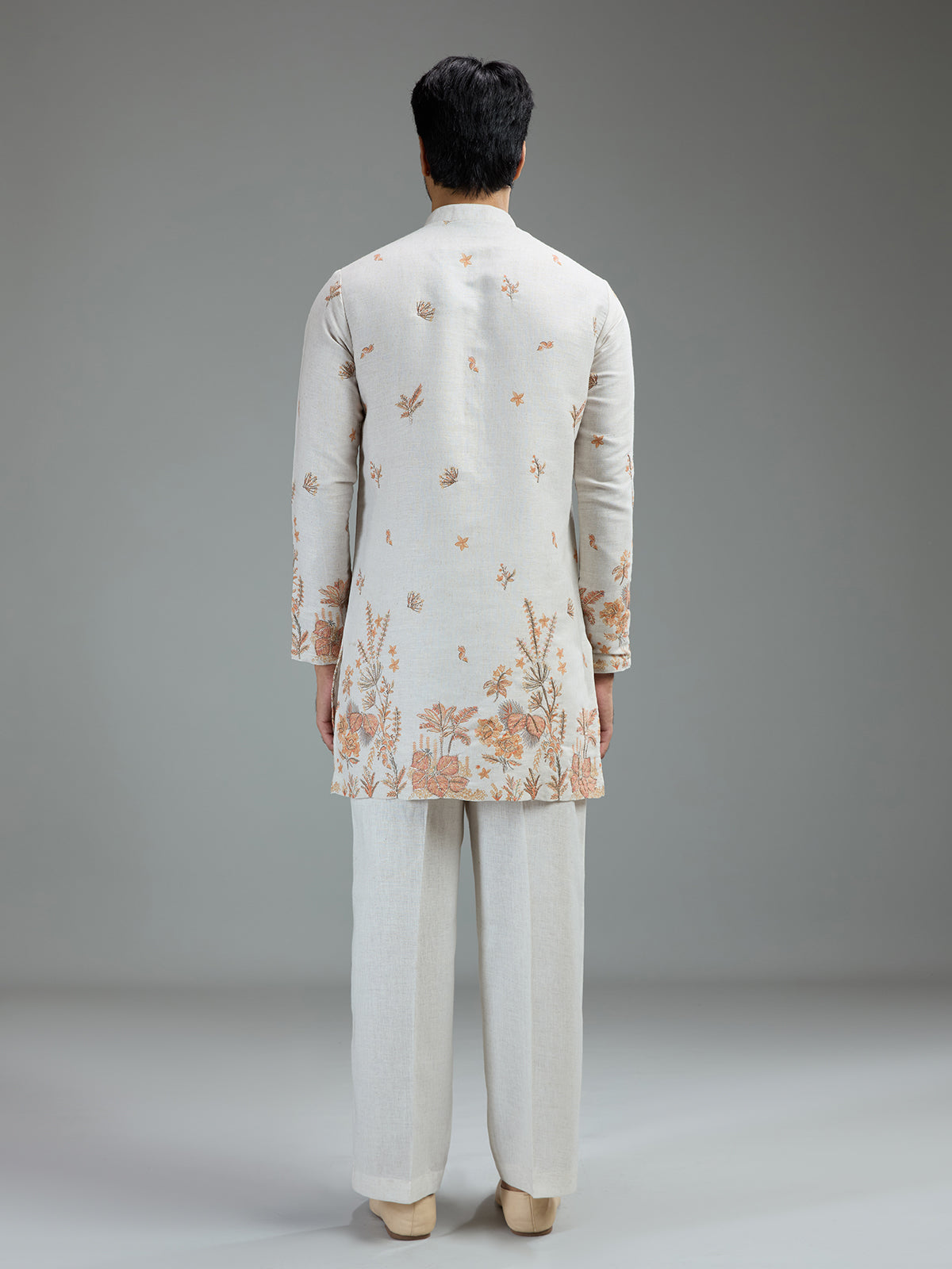 Cream mens botanical resham kurta suit