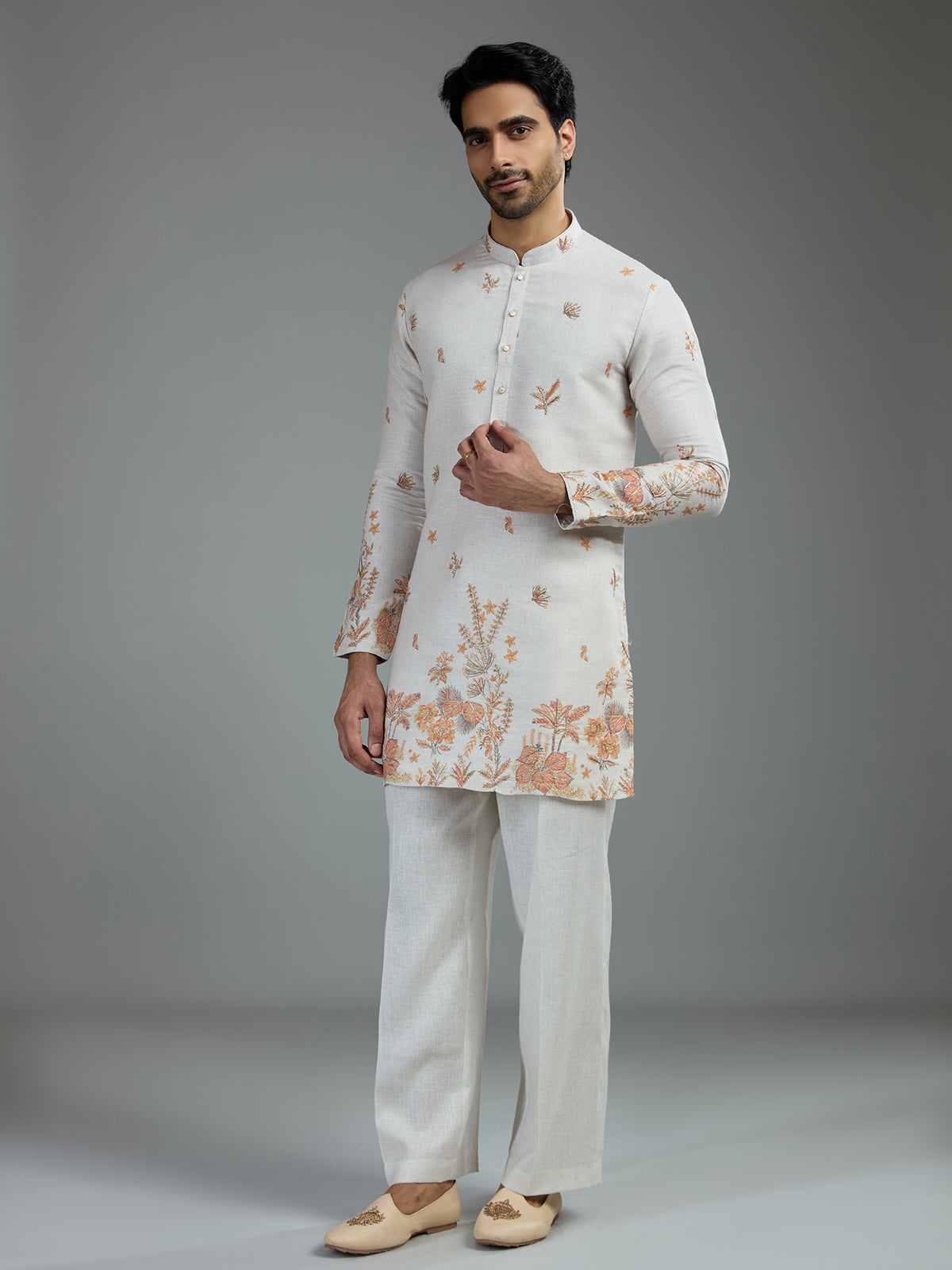 Cream mens botanical resham kurta suit