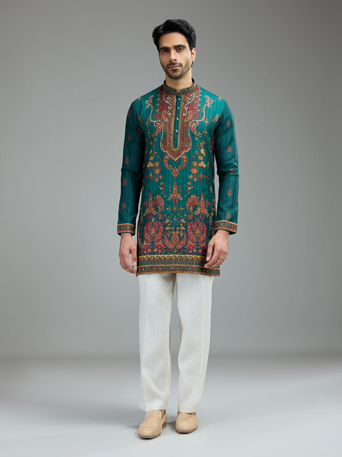 Deep teal green mens kalamkari kurta suit