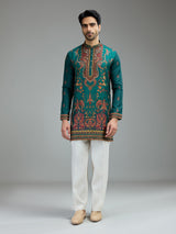 Deep teal green mens kalamkari kurta suit