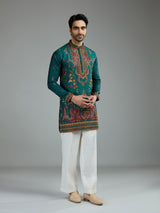 Deep teal green mens kalamkari kurta suit