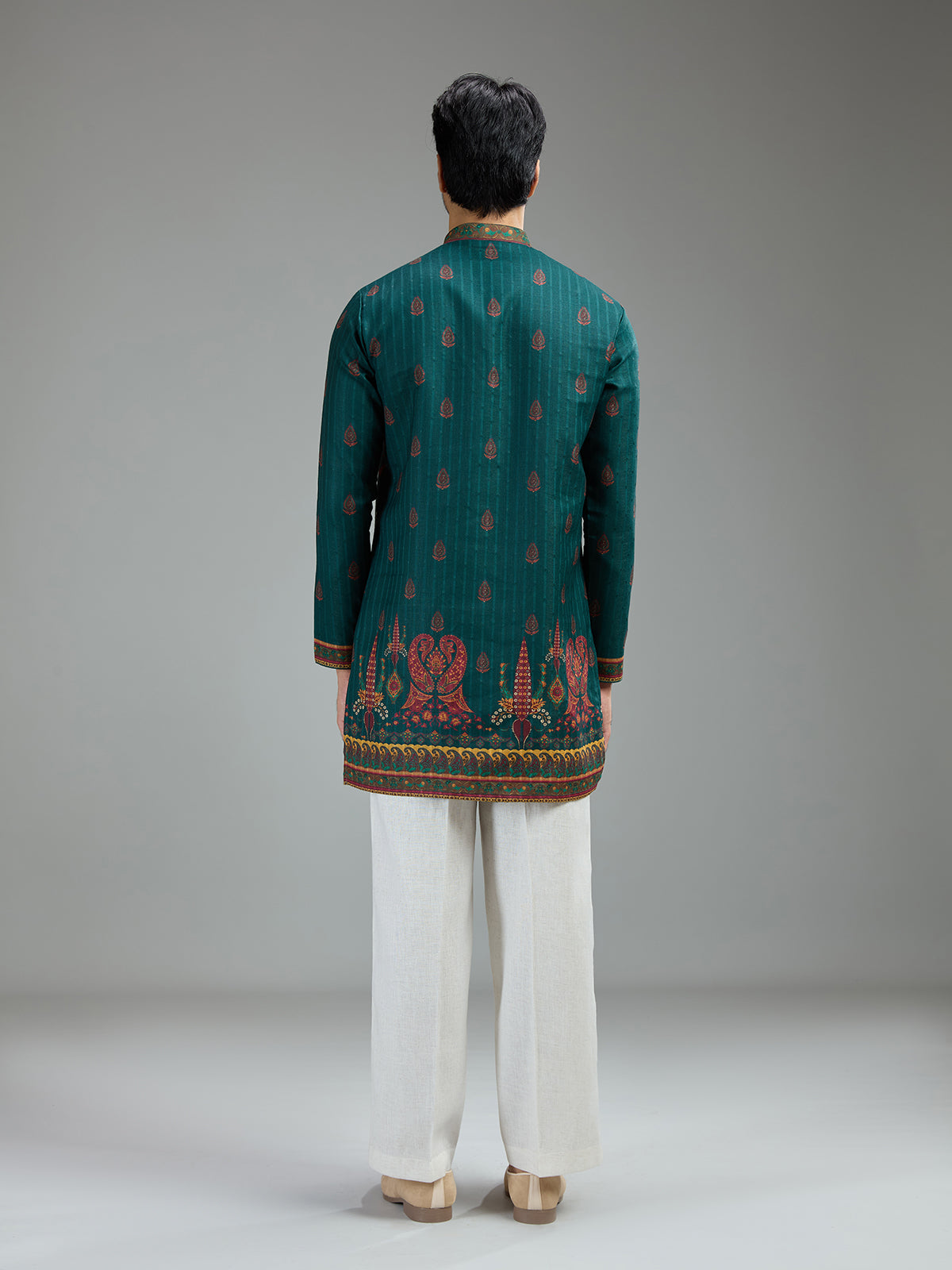 Deep teal green mens kalamkari kurta suit