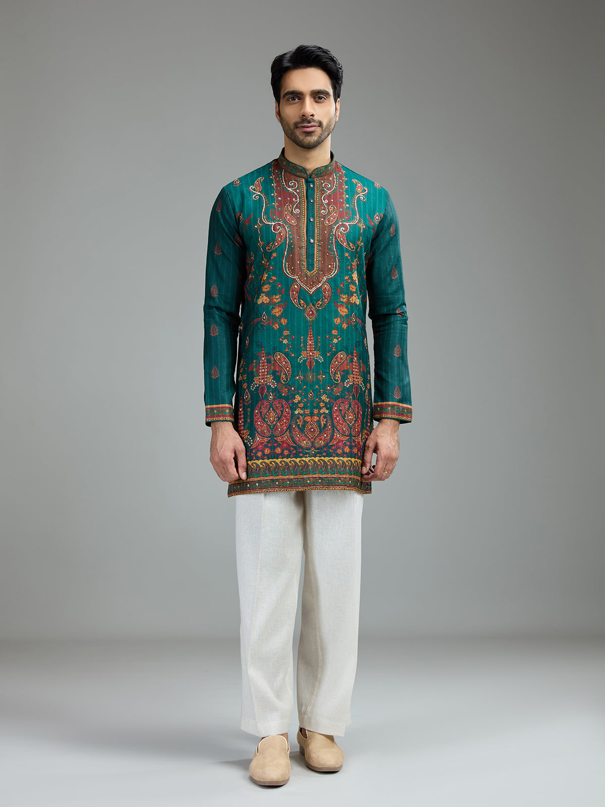 Deep teal green mens kalamkari kurta suit