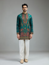 Deep teal green mens kalamkari kurta suit