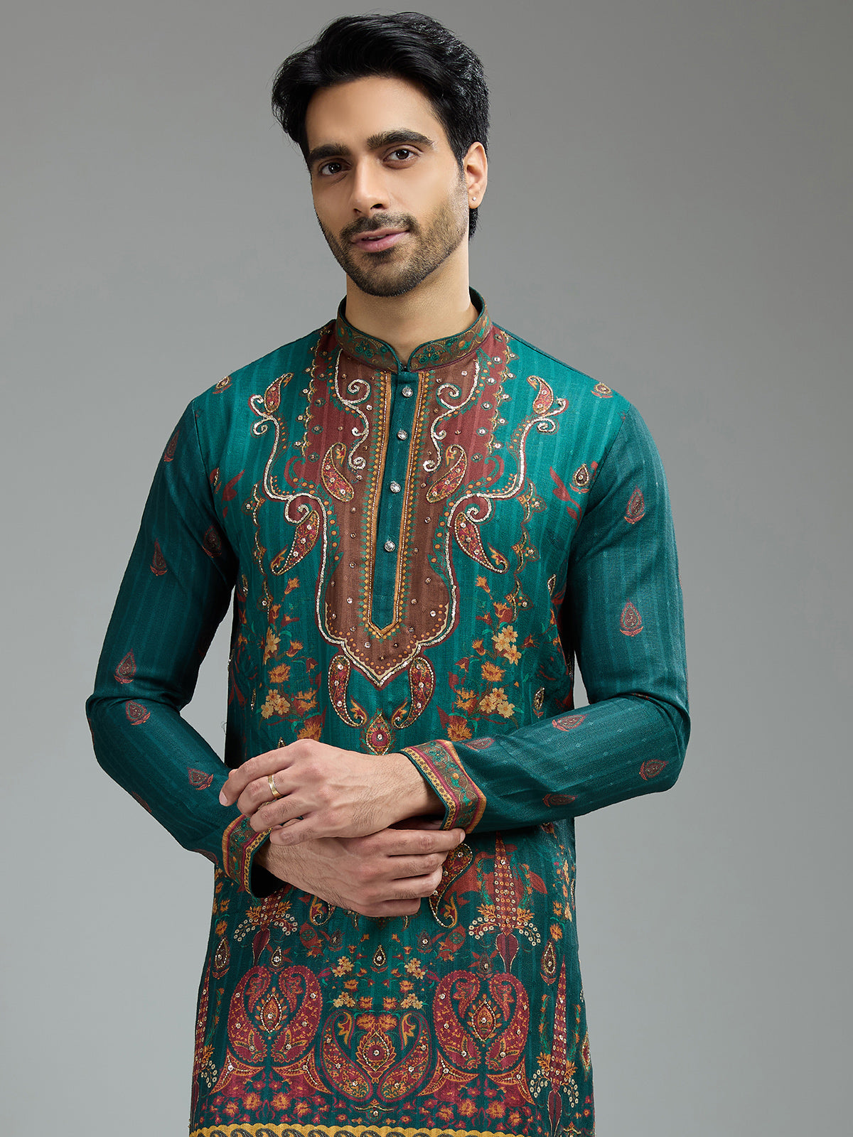 Deep teal green mens kalamkari kurta suit