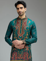 Deep teal green mens kalamkari kurta suit