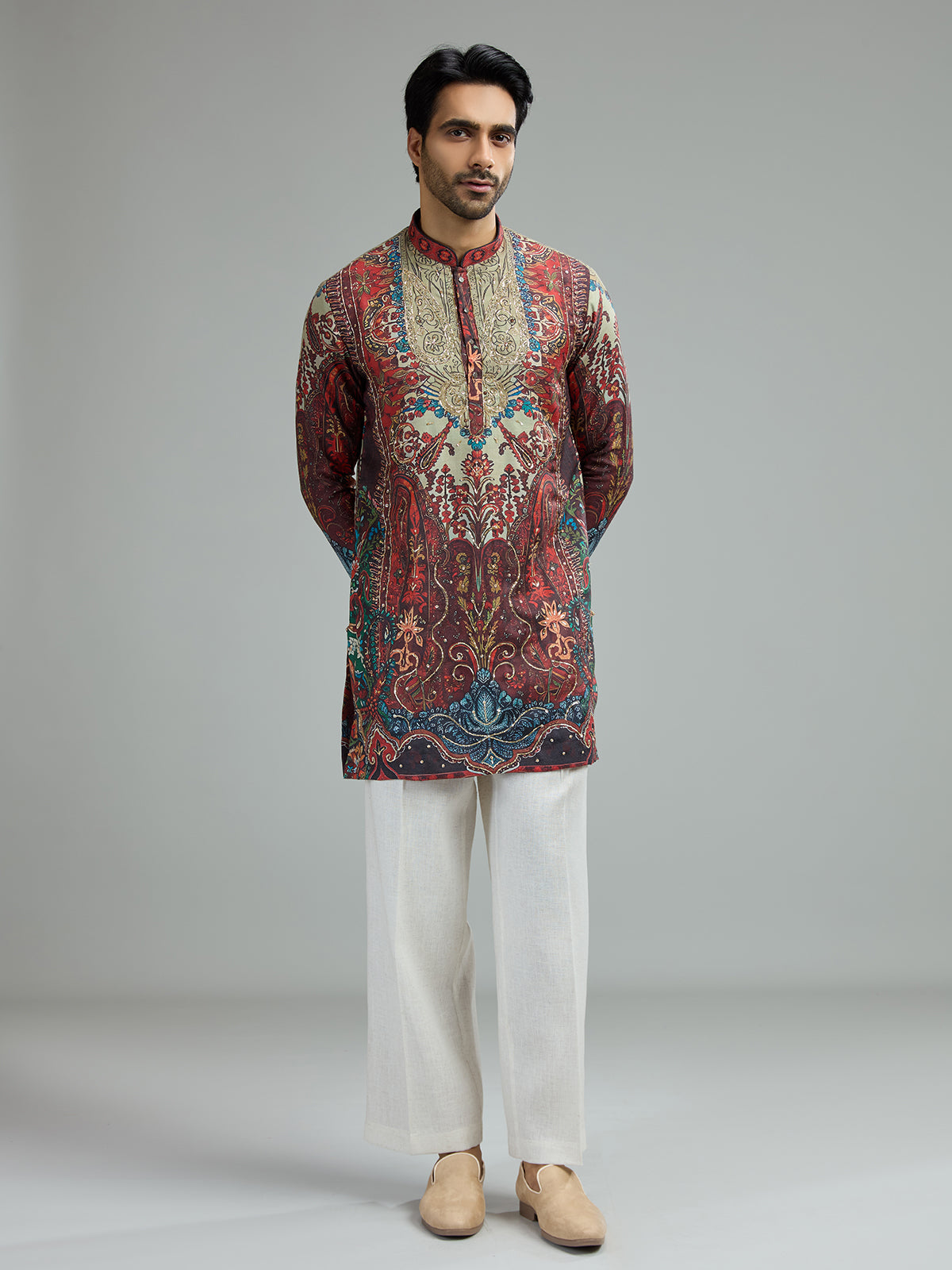 Multi color mens mughal tapestry kurta suit