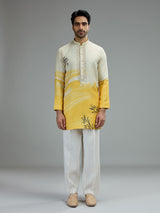 Off white and yellow mens wave print kurta suit