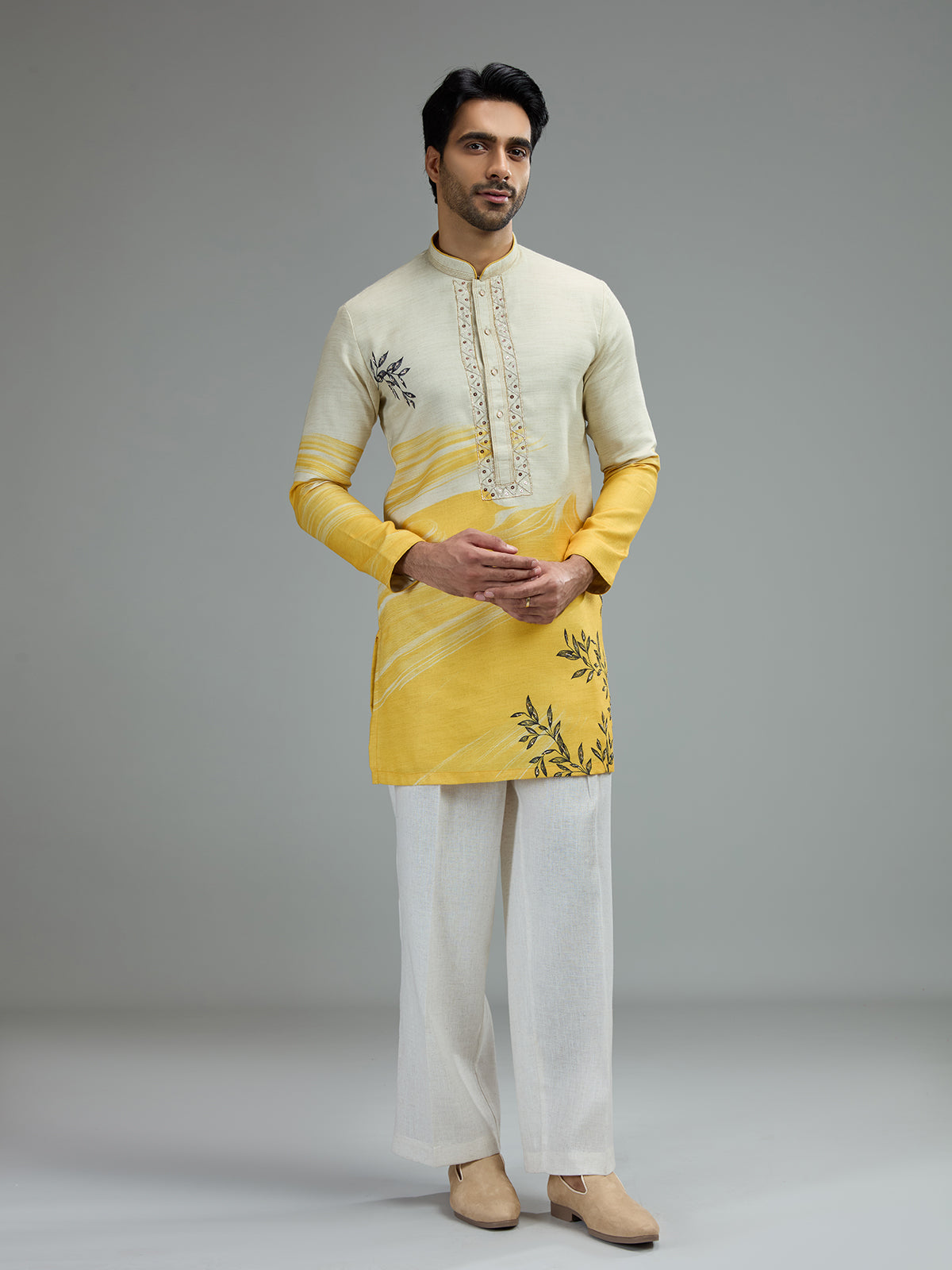Off white and yellow mens wave print kurta suit