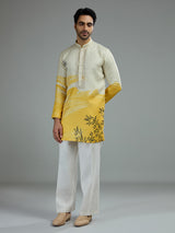 Off white and yellow mens wave print kurta suit