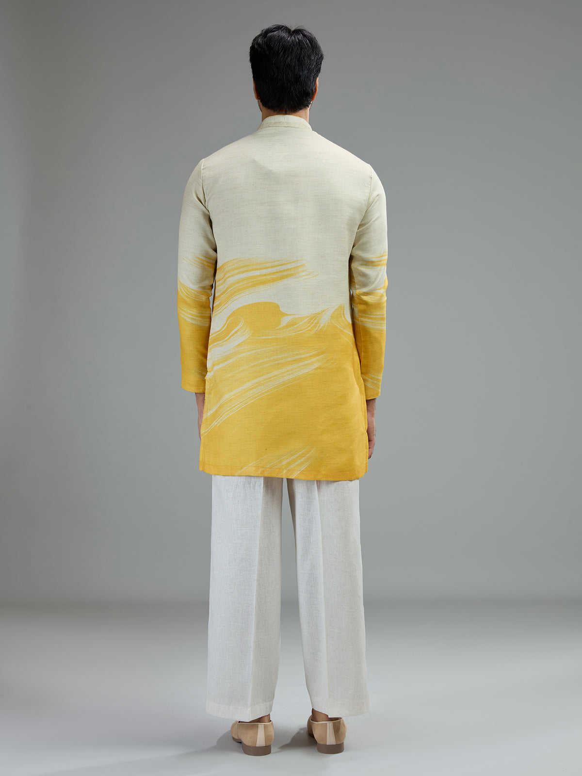 Off white and yellow mens wave print kurta suit