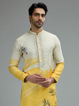 Off white and yellow mens wave print kurta suit