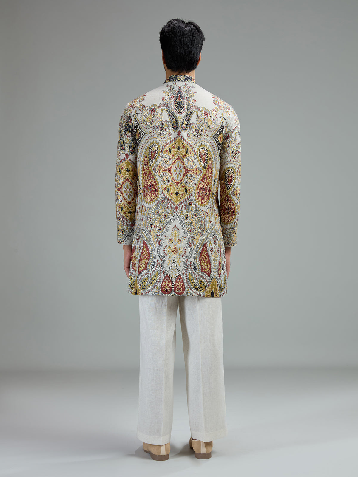 Cream mens kashmiri pattern kurta suit