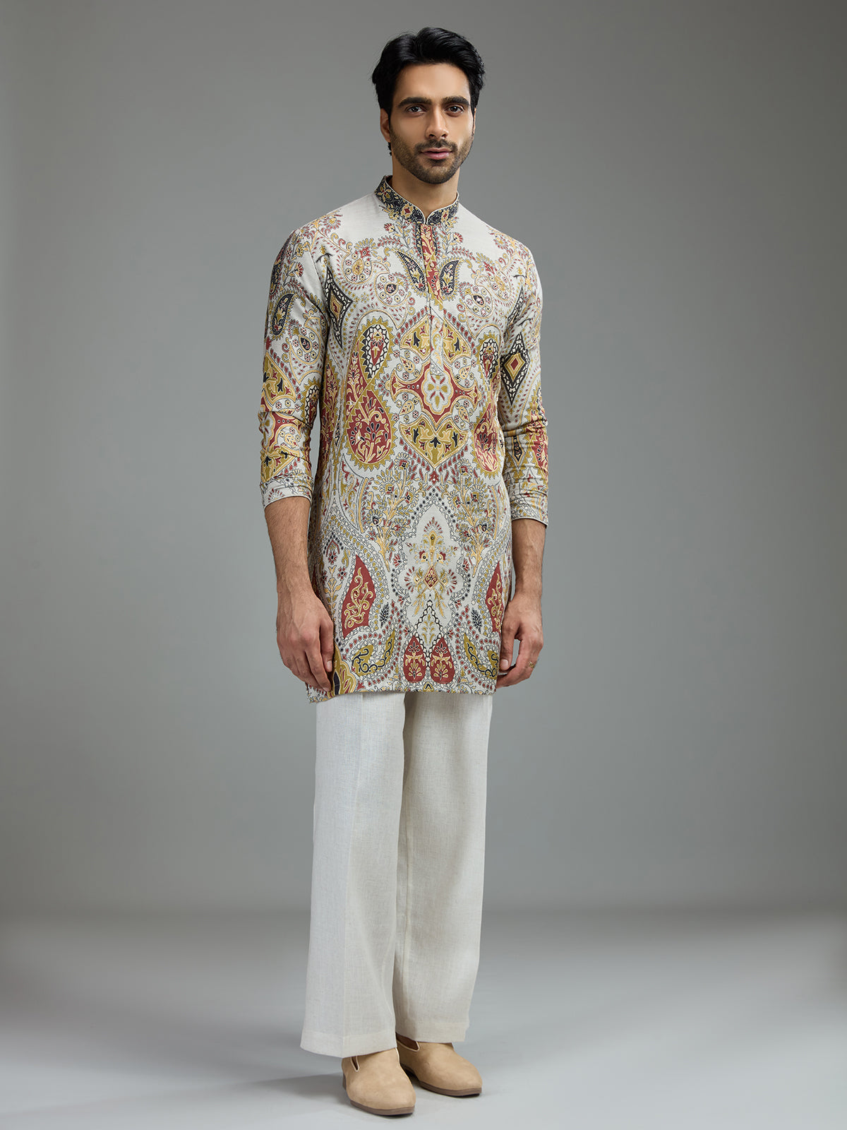 Cream mens kashmiri pattern kurta suit