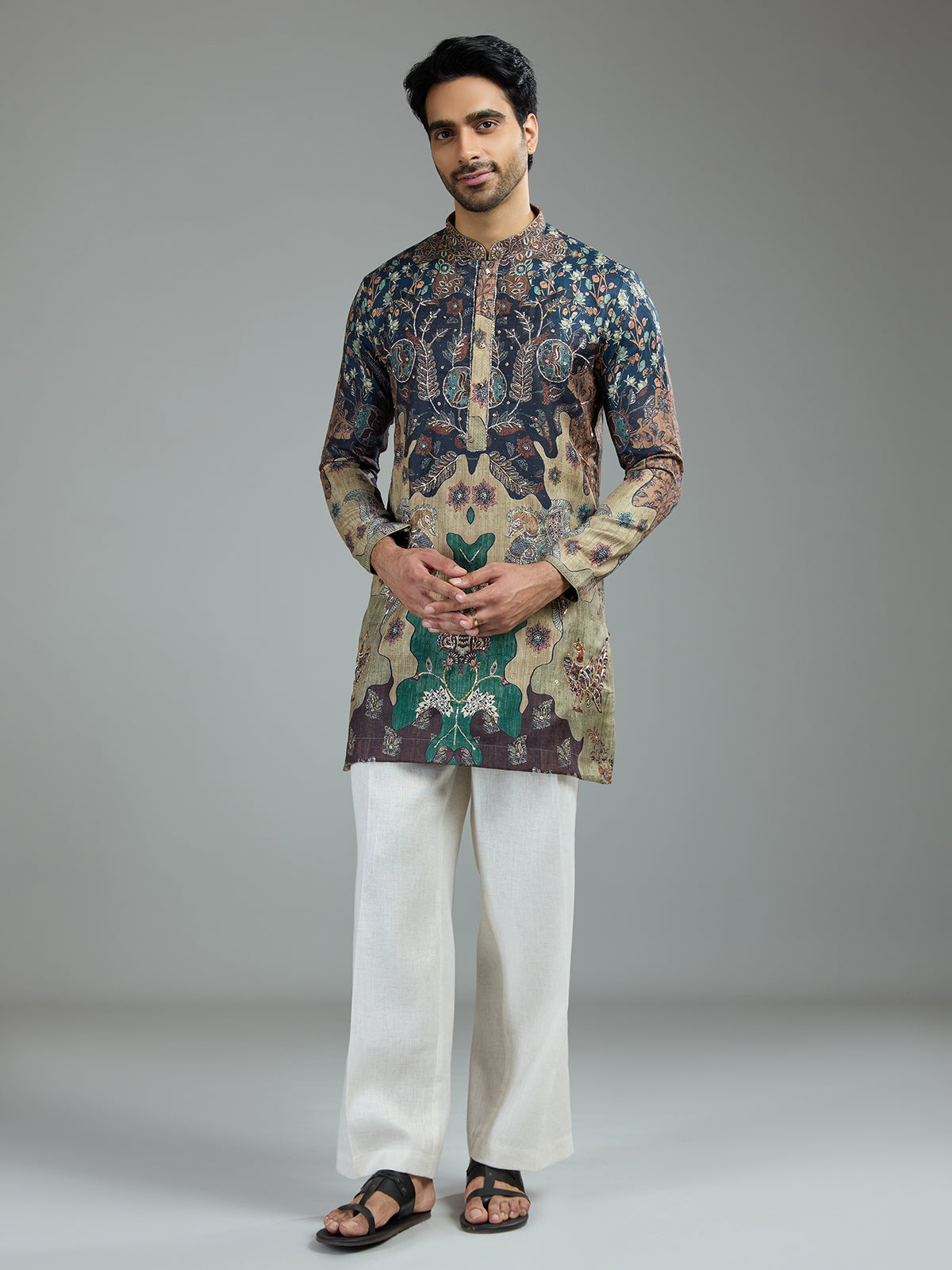 Blue and beige mens heritage batik kurta suit