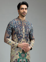 Blue and beige mens heritage batik kurta suit