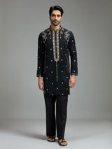 Black mens chanderi floral kurta suit
