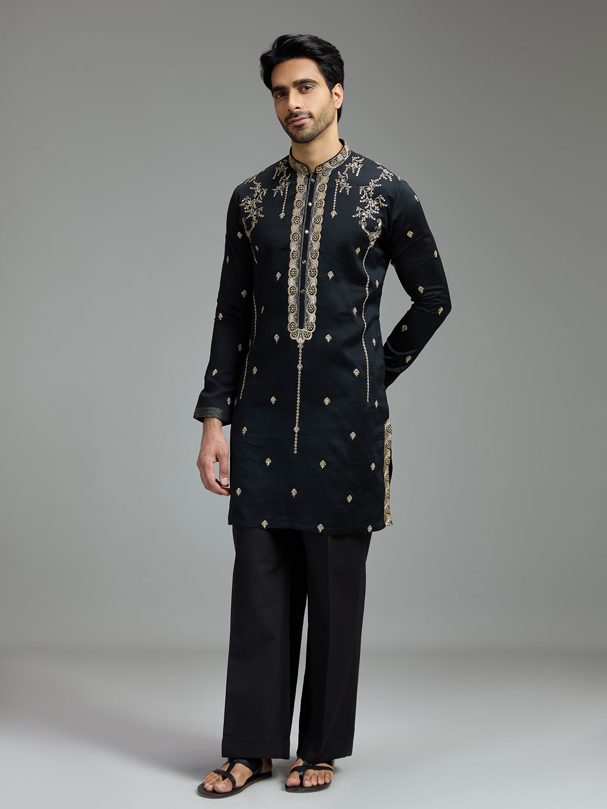 Black mens chanderi floral kurta suit