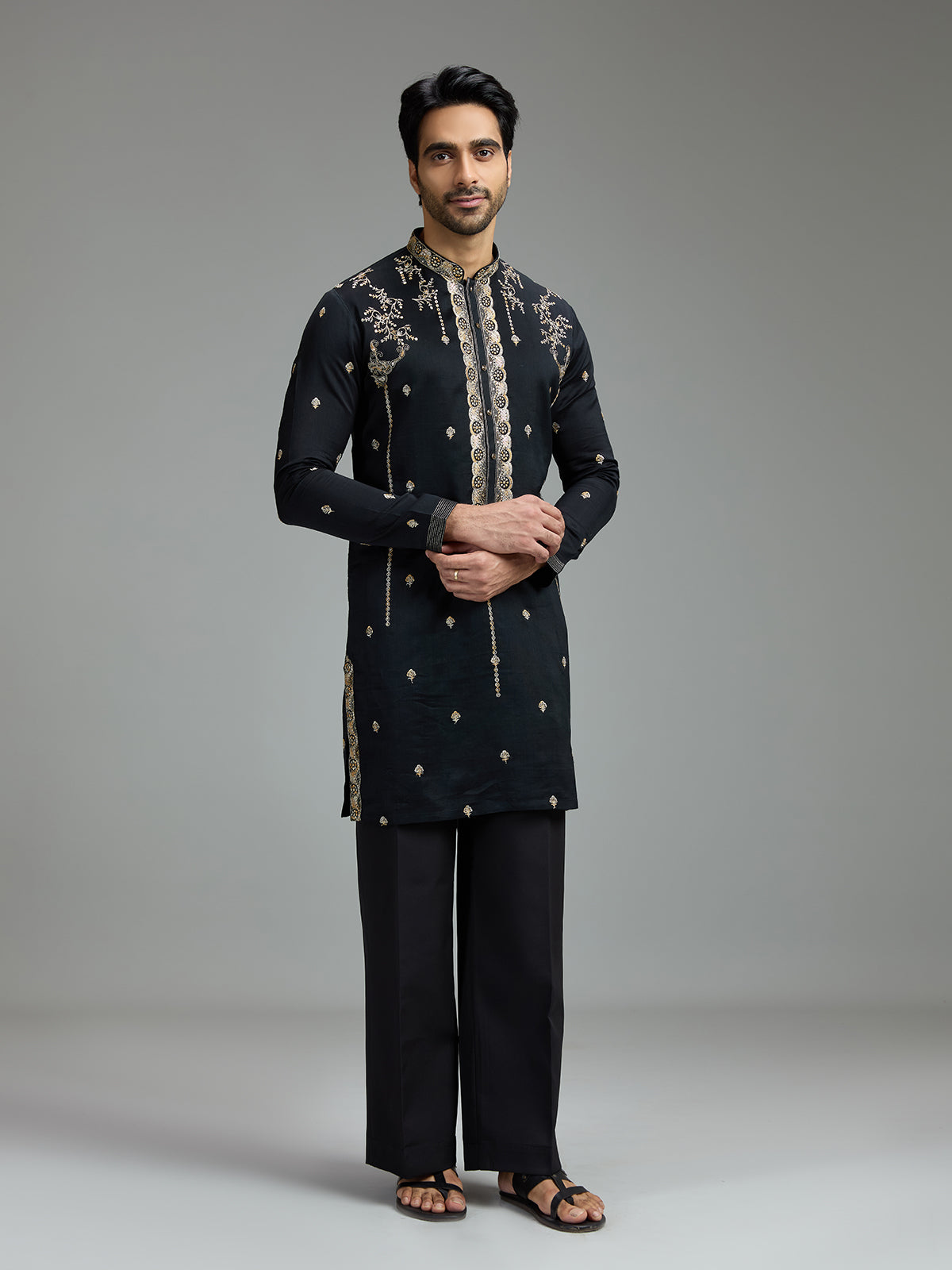 Black mens chanderi floral kurta suit