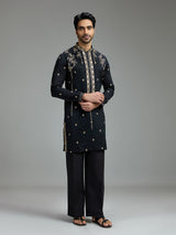 Black mens chanderi floral kurta suit
